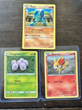 Lot of 3 Pokémon Trading Cards: Sawk, Exeggcute & Fennekin - Blue/Green/Red